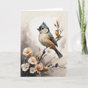 Tufted Titmouse Resting on Tree Limb Flowers Blank Card