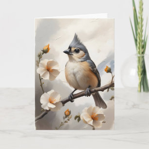 Tufted Titmouse Resting on Tree Limb Flowers Blank Card