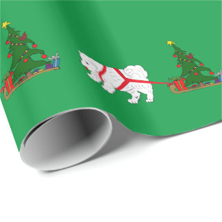 Tug the Samoyed pulling Christmas Tree Wrapping Paper