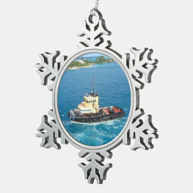 Tugboat in Nassau Snowflake Pewter Christmas Ornament (Right)