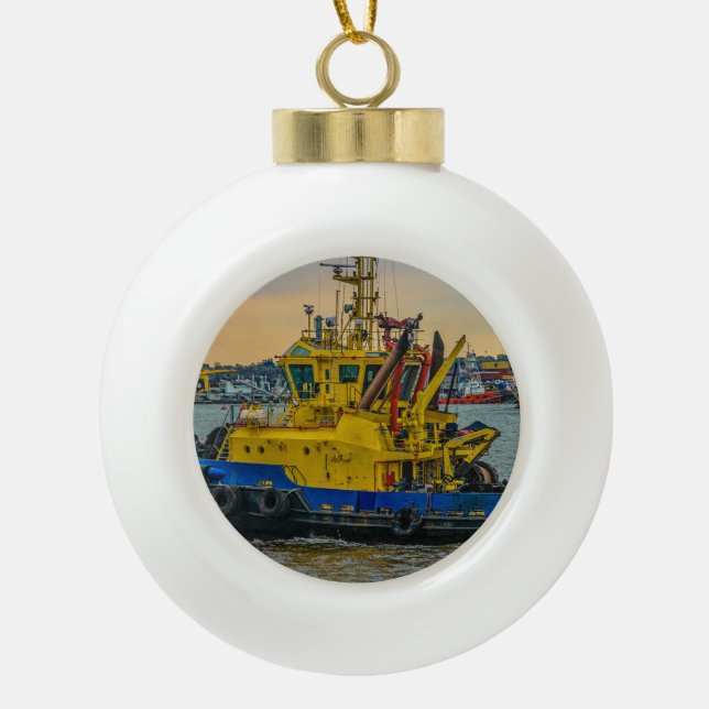 Tugboat sailing at river, montevideo, uruguay ceramic ball christmas ornament (Front)