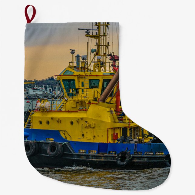 Tugboat sailing at river, montevideo, uruguay large christmas stocking (Front)