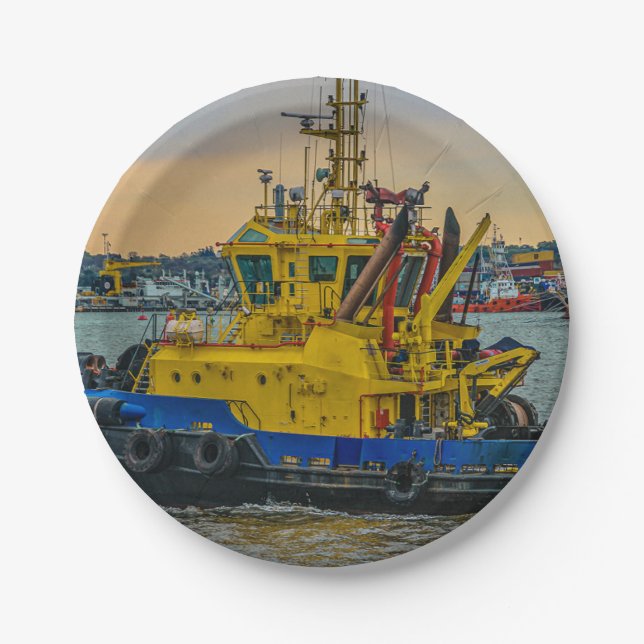 Tugboat sailing at river, montevideo, uruguay paper plate (Front)