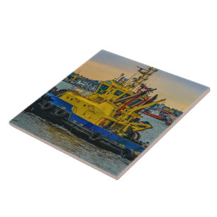 Tugboat sailing at river, montevideo, uruguay tile