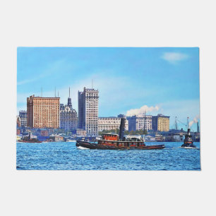 Tugboats Near the New York City Skyline c1906 Doormat
