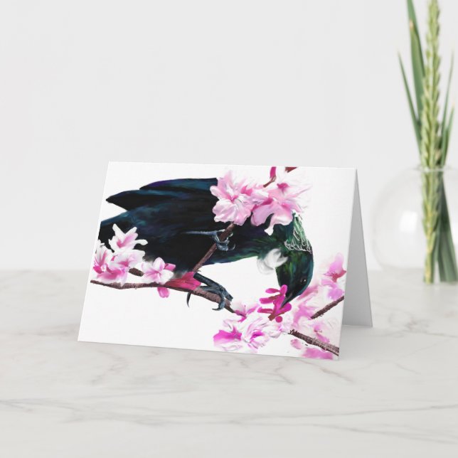 Tui Bird Feeding on Cherry Blossoms Card (Front)