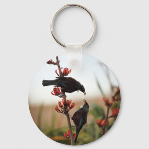 Tui birds on New Zealand flax bush Key Ring