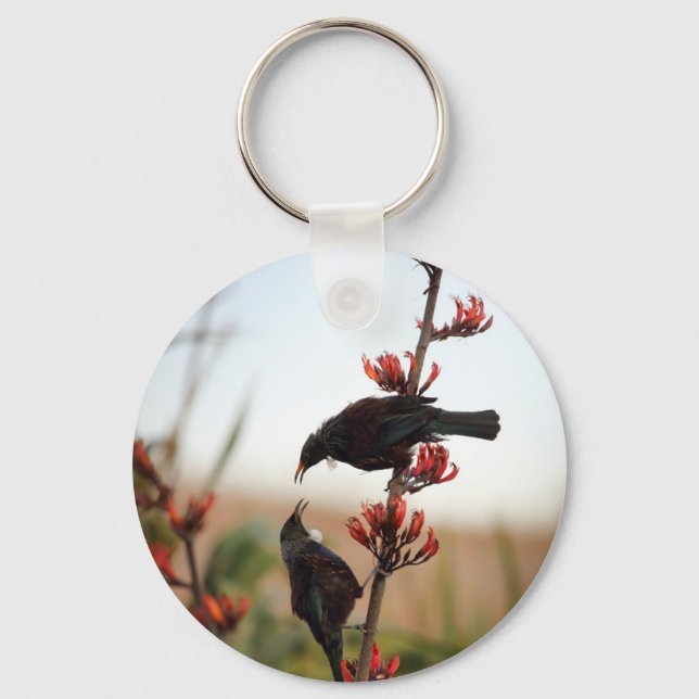 Tui birds on New Zealand flax Key Ring (Front)