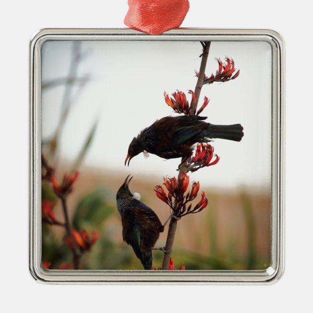 Tui birds on New Zealand flax Metal Tree Decoration (Front)
