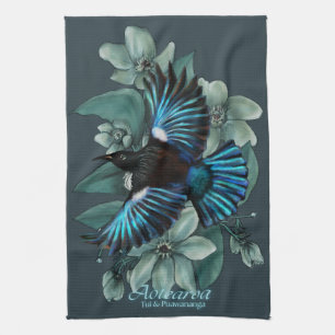 Tui in Flight with Puawananga (NZ Clematis) Tea Towel