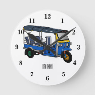 Tuk tuk cartoon illustration round clock