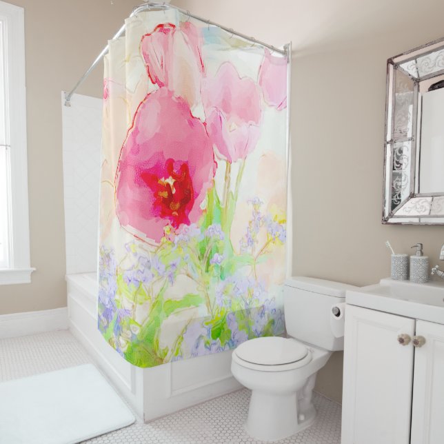 Tulip and Forget-Me Not Watercolor Shower Curtain (In Situ)