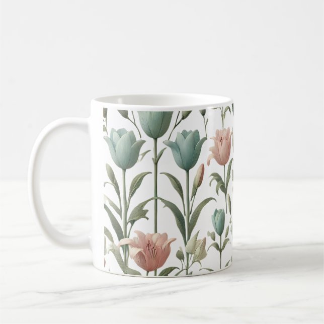 Tulip and Lily Soft Floral Pattern Coffee Mug (Left)