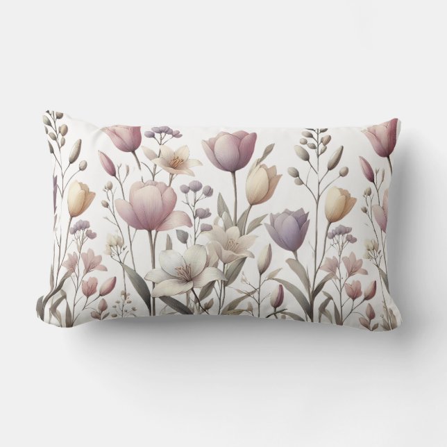Tulip and Lily Soft Floral Pattern Lumbar Cushion (Front)