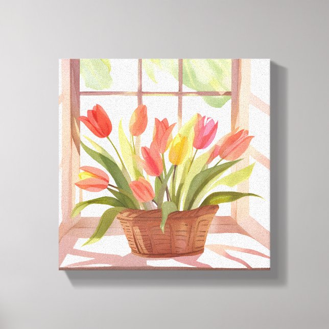 Tulip Basket | Floral Watercolor Window Painting Canvas Print (Front)