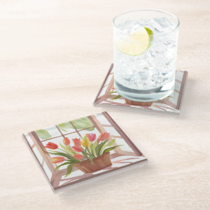 Tulip Basket   Floral Watercolor Window Painting Glass Coaster