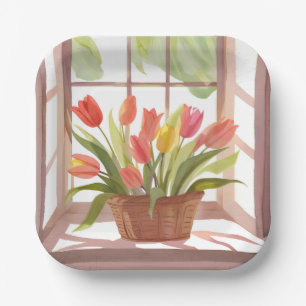 Tulip Basket   Floral Watercolor Window Painting Paper Plate