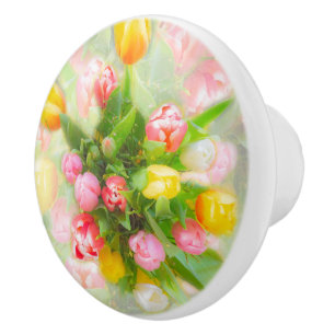 Tulip bouquet in vintage look - floral art ceramic knob