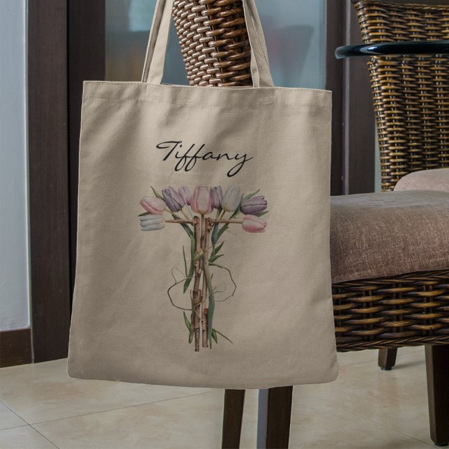 Tulip Bouquet Letter T Floral Monogram Custom Name Tote Bag (Creator Uploaded)