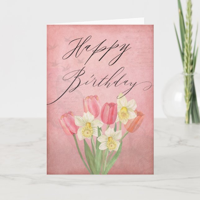 Tulip Daffodil Spring Flowers Happy Birthday Card (Front)