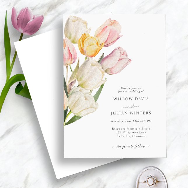 Tulip Elegant Wedding Invitation (Elegant Watercolor Tulip Wedding Invitation by Painted Paperie
)