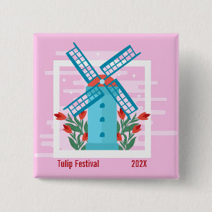 Tulip Festival, Blue Windmill, Red Tulips 15 Cm Square Badge
