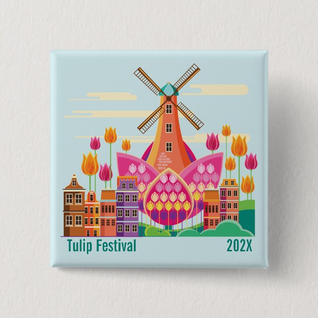 Tulip Festival, Windmill, Tulips 15 Cm Square Badge (Front)