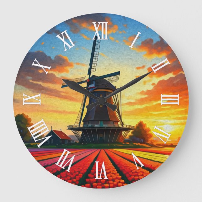 Tulip Fields Windmill Holland Sunset Large Clock (Front)