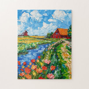 Tulip Fields with Barn and Stream Fantasy Painting Jigsaw Puzzle