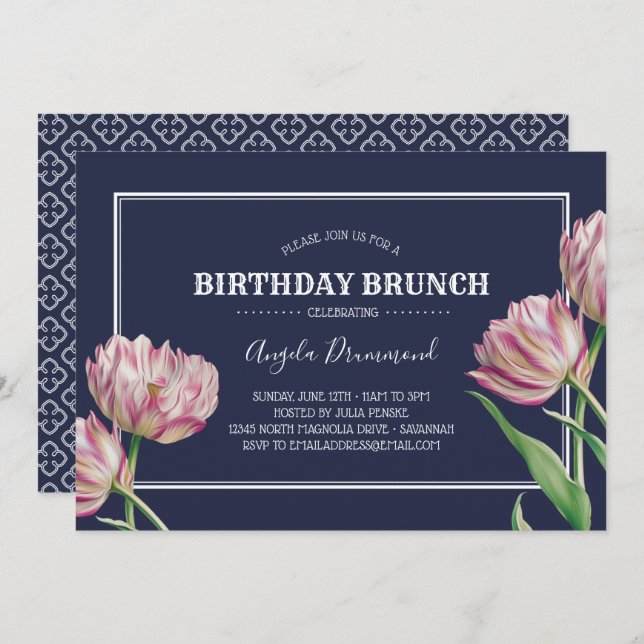 Tulip Flower Birthday Brunch Blue Invitation (Front/Back)