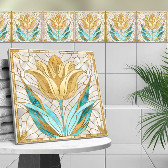Tulip flower mosaic - Pearl, Aquamarine and Gold Tile (Creator Uploaded)