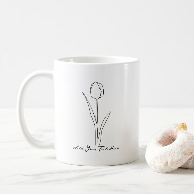 Tulip Flower Simple Line Art Personalised Text  Coffee Mug (With Donut)