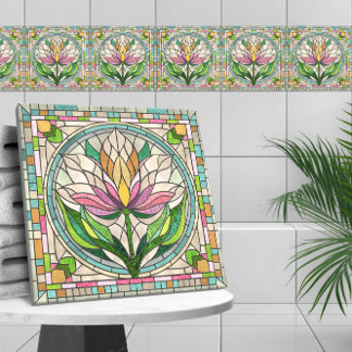 Tulip flower stained glass mosaic tile