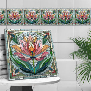 Tulip flower stained glass mosaic tile