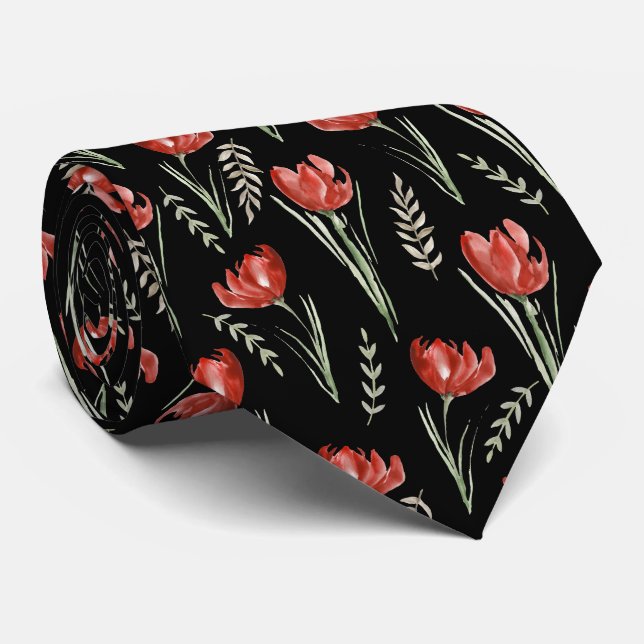 Tulip Flowers Botanical Watercolor Black   Tie (Rolled)