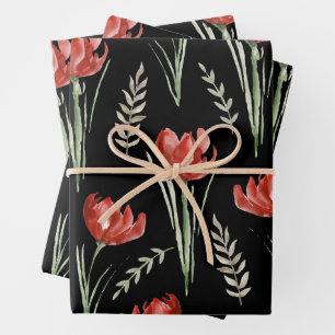 Tulip Flowers Botanical Watercolor Black Wrapping Paper Sheet