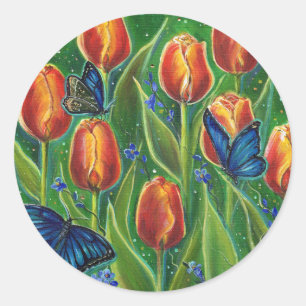 Tulip flowers with butterflies by Renee Lavoie Classic Round Sticker