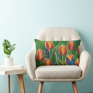 Tulip flowers with butterflies by Renee Lavoie Lumbar Cushion