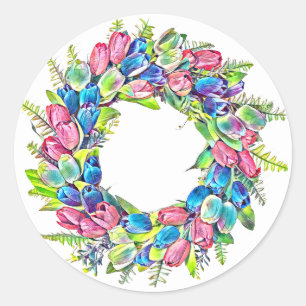 tulip flowers wreath watercolor painting art classic round sticker