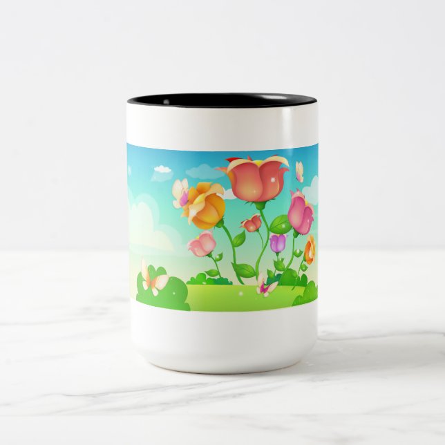 Tulip Garden Butterfly Two-Tone Coffee Mug (Center)