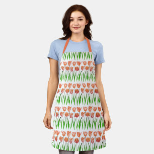 Tulip Garden Print in Coral Orange and Green Apron