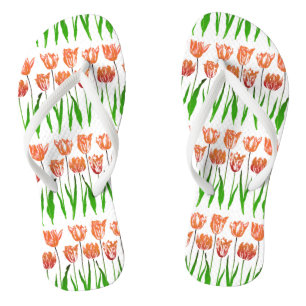 Tulip Garden Print in Coral Orange and Green Jandals