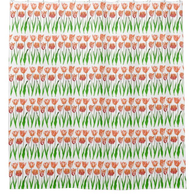 Tulip Garden Print in Coral Orange and Green Shower Curtain (Front)