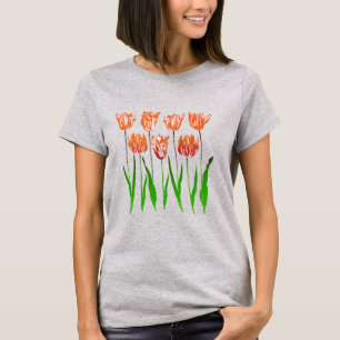 Tulip Garden Print in Coral Orange and Green T-Shi T-Shirt