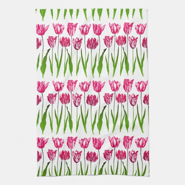 Tulip Garden Print in Fuchsia Pink and Green Tea Towel (Vertical)
