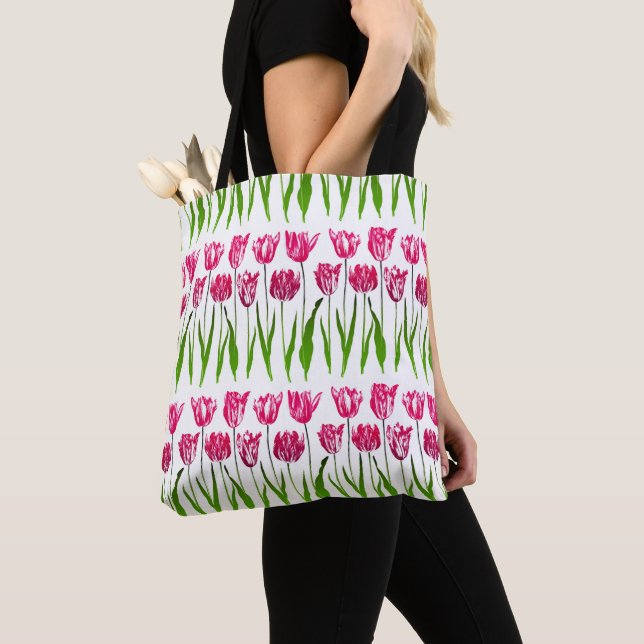 Tulip Garden Print in Fuchsia Pink and Green Tote Bag (Close Up)