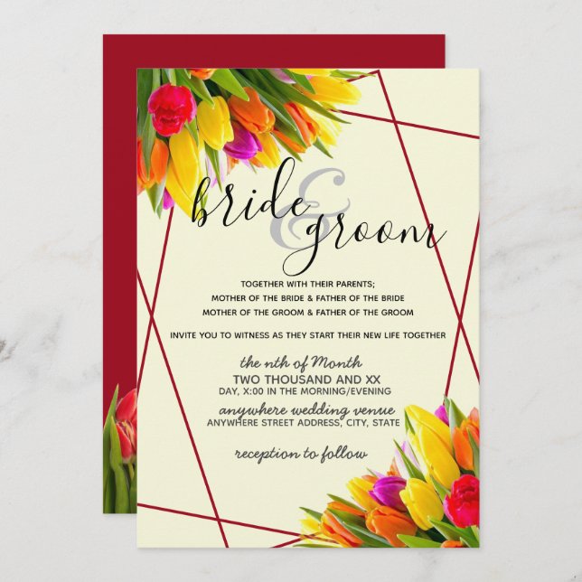 Tulip in Burgundy and Yellow Background Wedding Invitation (Front/Back)