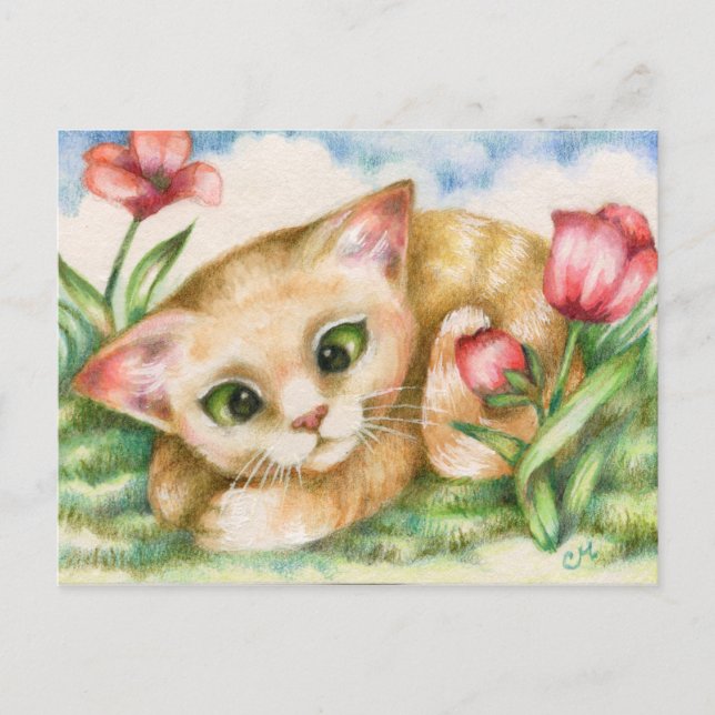 Tulip Kitty - Cat Art Postcard (Front)