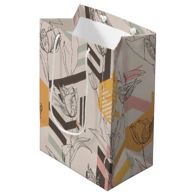 Tulip Line Art Pattern in Mustard & Blush Medium Gift Bag (Front Angled)