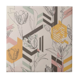 Tulip Line Art Pattern in Mustard & Blush Tile
